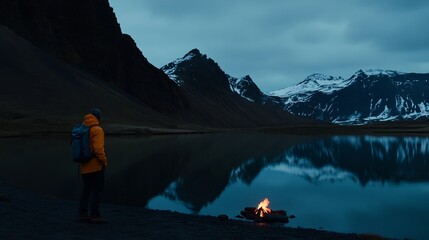 Iceland Hiking Man Campfire Night Landscape.