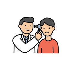 Obraz premium Doctor Checking Patient's Ear: A friendly doctor examines a patient's ear with an otoscope, a colorful illustration representing healthcare and wellness. 