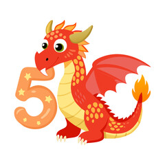 Number 5 cartoon with red dragon and stars