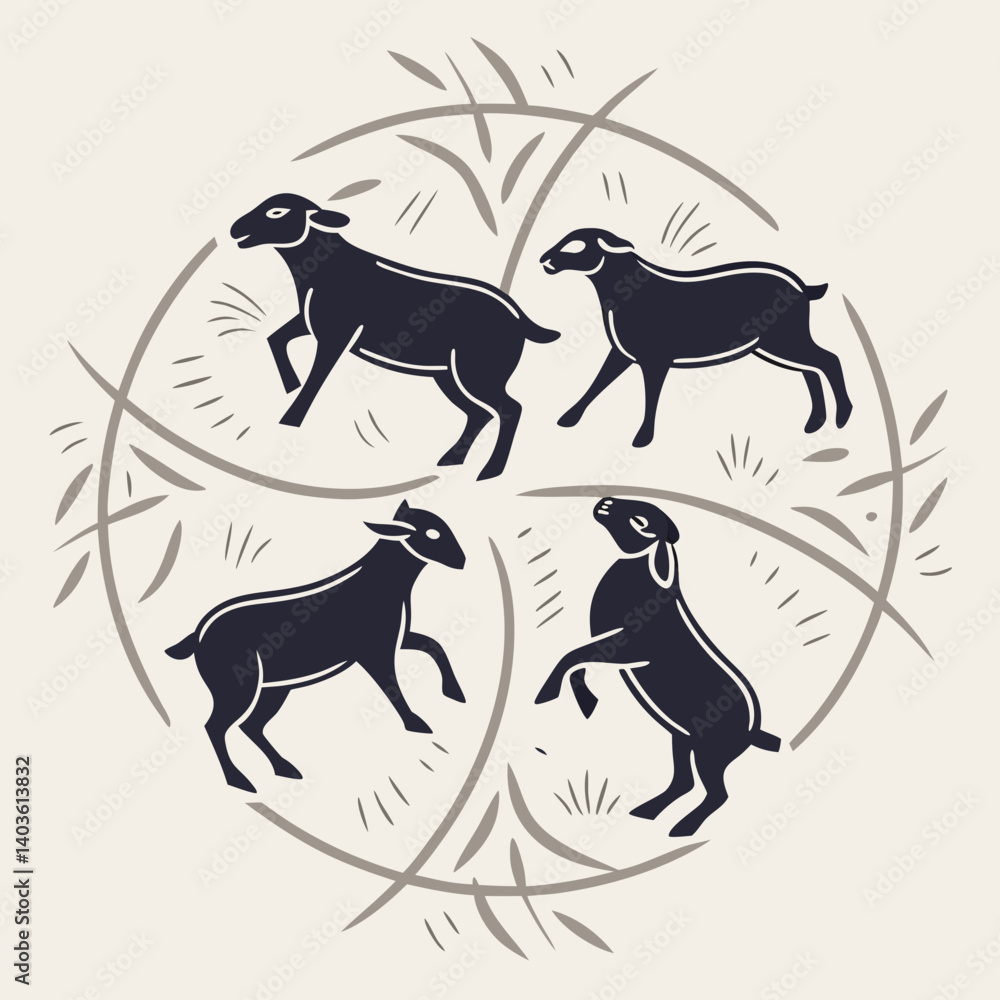 Poster four lambs peacefully gathered within a circular, stylized wheat field, creating a serene and symbol