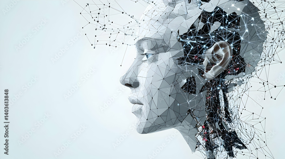 Poster digitally constructed profile of a humanoid face with pixelated fragmentation in a futuristic monoch