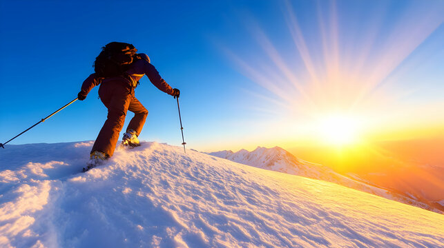 Man Climbing Snowy Mountain Peak in Winter Sunlight with Blue Sky Background and Backpack Adventurous Outdoor Activity - Powered by Adobe