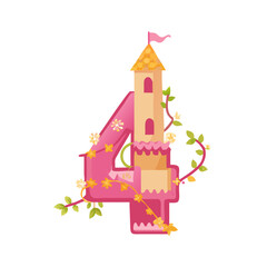 Number 4 cartoon with princess tower and climbing vines

