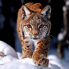 Obraz premium Lynx Walking Through Deep Snow in an Oil Painting Style Depicting Winter Wilderness Scene