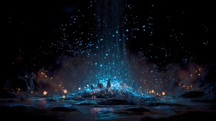 Magical Glowing Particles Falling on Rocky Landscape at Night