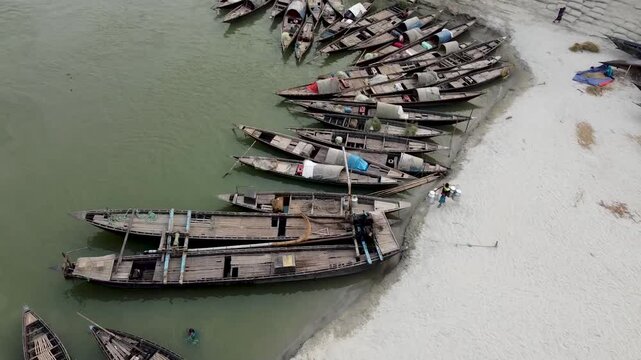 Drone shot of Jamuna River and boat in riverbank, Bangladesh