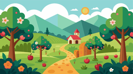 Obraz premium The countryside is truly enchanting as a charming orchard showcases its countless blooming fruit trees inviting visitors to wander and explore.