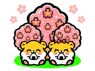 桜の木の下でお花見するハムスター夫婦のイラスト素材2