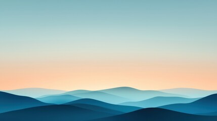 A serene landscape of rolling hills and mountains at sunrise or sunset.