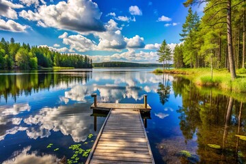Sunny summer day in Finland with a serene lake, rustic wooden dock, and forest under blue skies