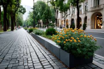 Fototapeta premium Colorful marigolds line a city street along a cobblestone pathway surrounded by greenery and urban architecture