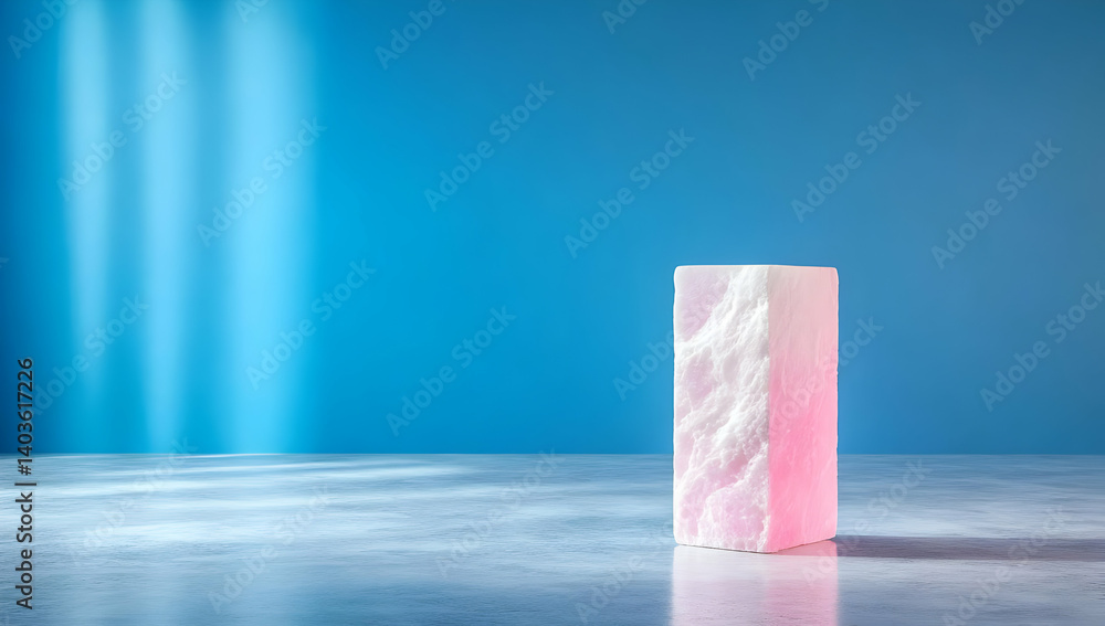 Poster minimalist pink white cube against blue background for product display with geometric design and mod