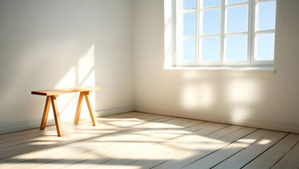 Minimalist Interior with Wooden Table near Bright Window in White Room with Sunlight and Shadow