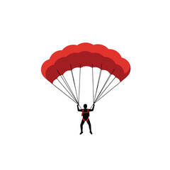 Obraz premium Parachutist descending with red parachute in flat vector art style