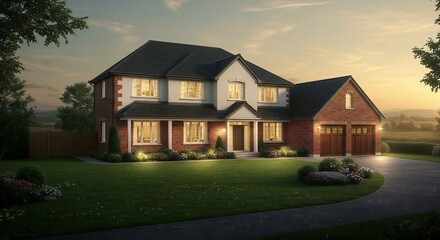 Two Story Home with Large Lawn and Evening Sky