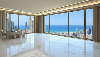 Modern Conference Room with Panoramic City and Ocean Views Featuring Minimalist Furnishings and Marble Floors