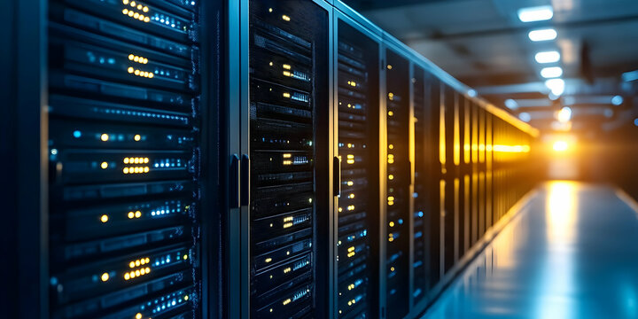 Modern Data Center Featuring Rows of Servers with Blue Lights in Dark Environment