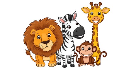 Fototapeta premium Group of cartoon jungle animals smiling: lion, zebra, monkey, and giraffe, transparent background
