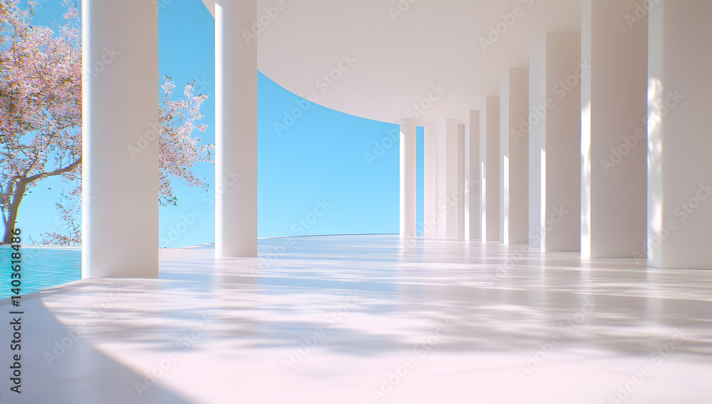 Poster modern white architecture with geometric columns and minimalist design under blue sky