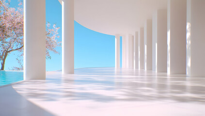 Fototapeta premium Modern White Architecture with Geometric Columns and Minimalist Design Under Blue Sky
