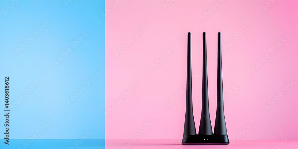 Poster modern wireless router with three antennas on a split pink and blue background in a studio setting
