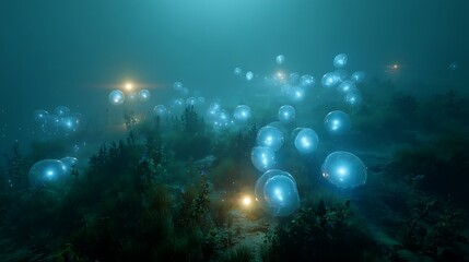 Obraz premium Glowing Orbs Floating Above Dark Landscape with Mist