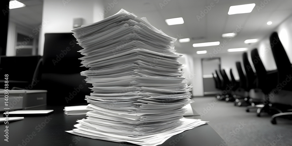 Poster monochrome pile of papers stacked high on a desk in an office setting with selective focus