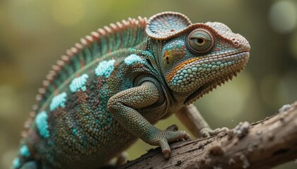 Fototapeta premium Close-up of a Turquoise and Gray Chameleon on a Branch