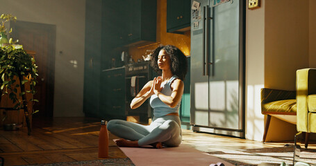 Fitness, meditation and yoga with woman on floor of home for balance, inner peace or mindfulness....