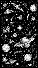 Interstellar Cosmic Art: Black and White Celestial Bodies and Stars in the Universe