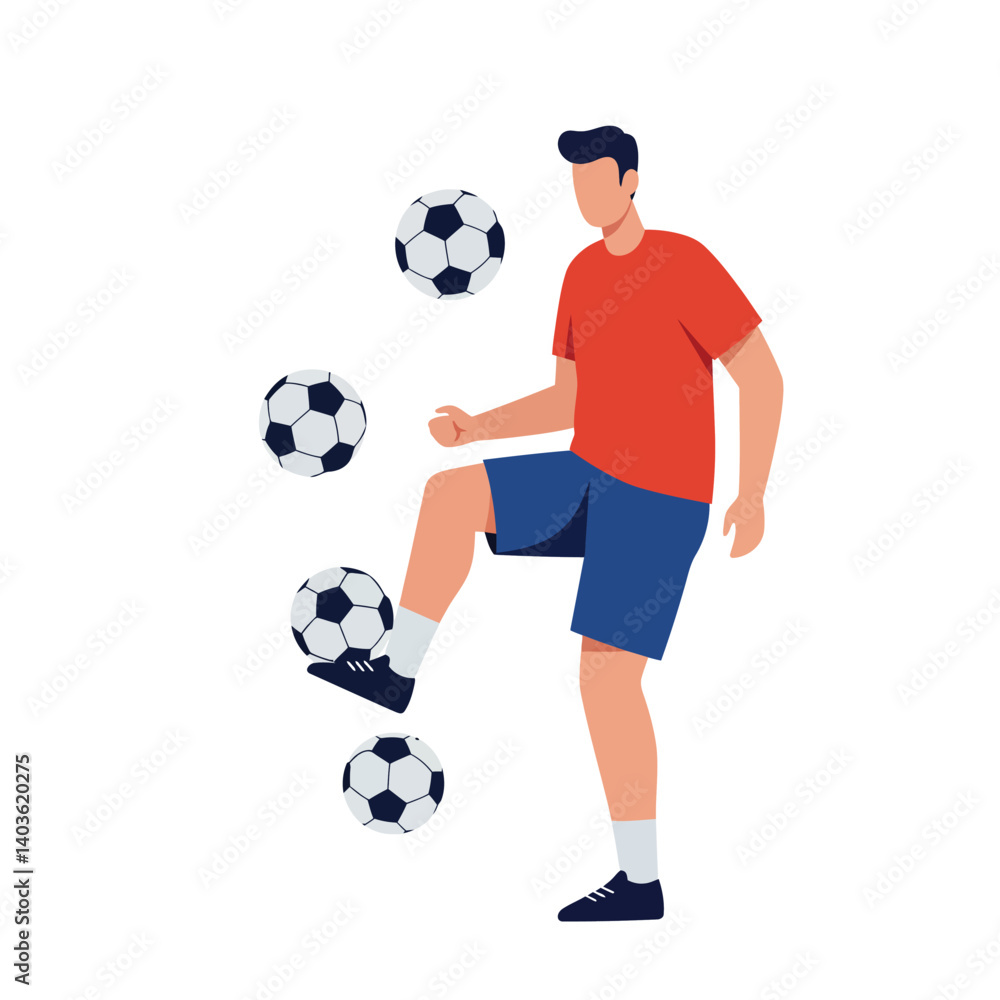 Poster soccer player juggling balls in a dynamic pose with flat vector art style vector illustration