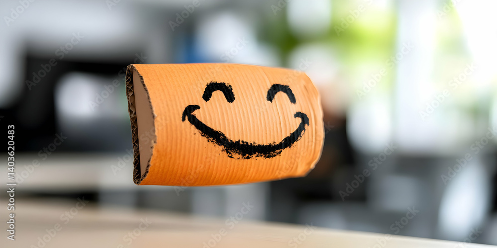 Poster orange cardboard tube with drawn smiling face floating in soft focus setting creates positive happy 