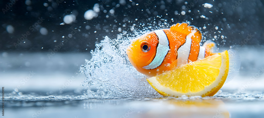 Poster orange fish balanced on a fresh slice of lemon with water splashing around in a studio setting