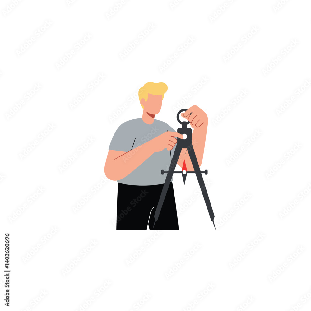 Poster man using a compass for precision drawing in flat vector art