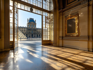 Ornate Golden Louvre Museum Interior with View of Building Through Arched Doorway in Paris