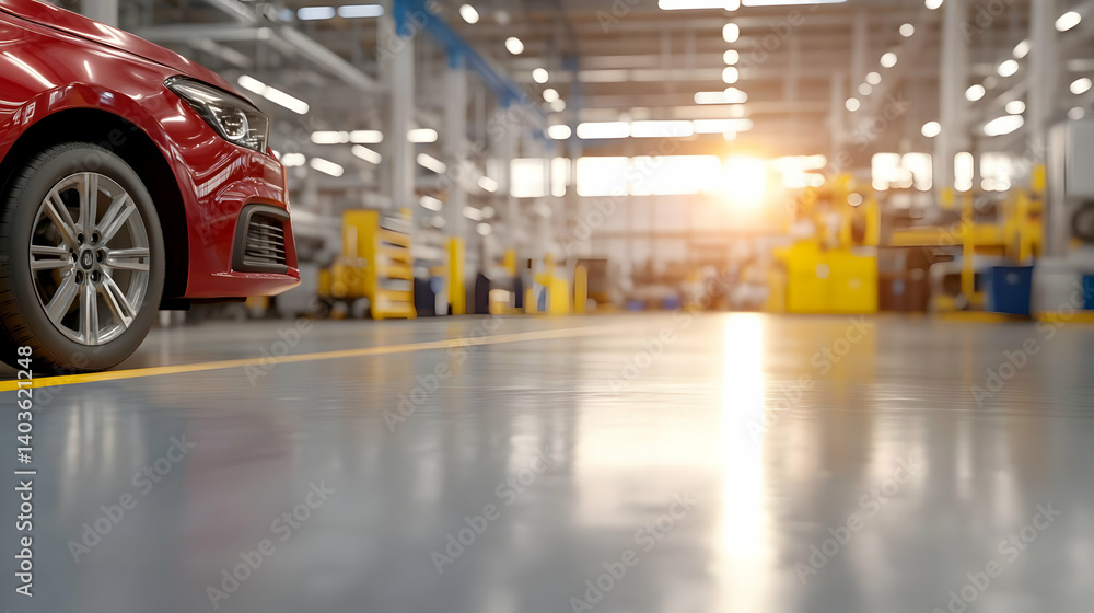 Poster partial view of a red car on an assembly line in a bright modern factory with blurred background