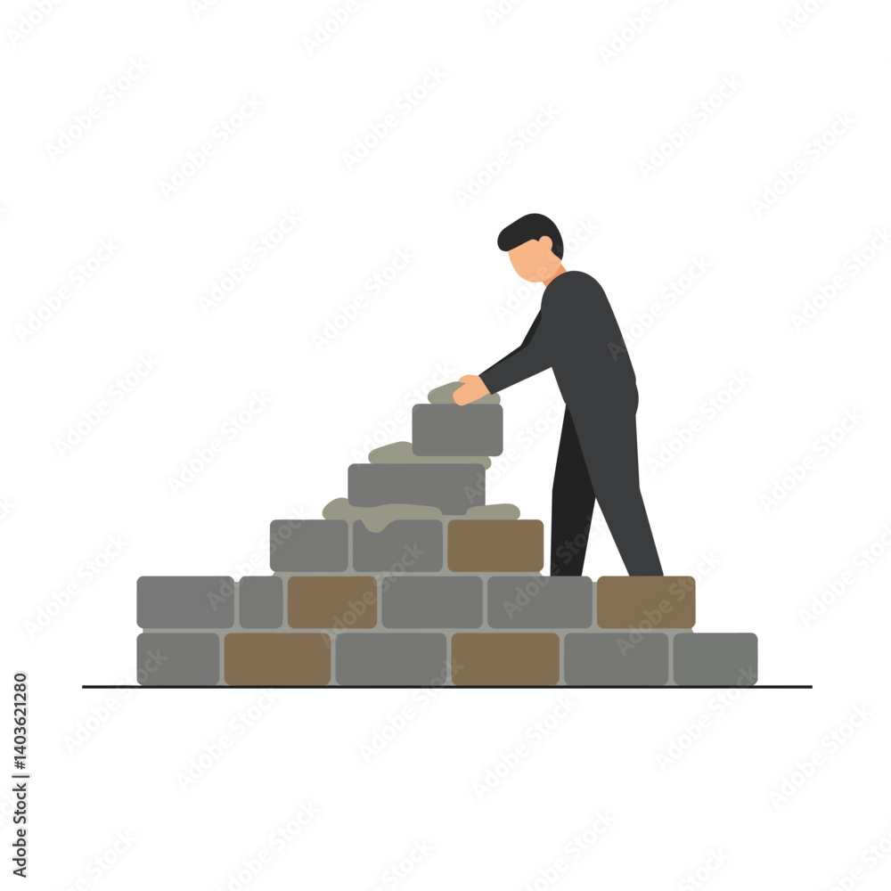 Poster person stacking bricks in a construction scene with minimal design style vector art