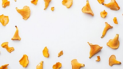 Naklejka premium Top-down view of chanterelle mushrooms arranged with space on plain white background