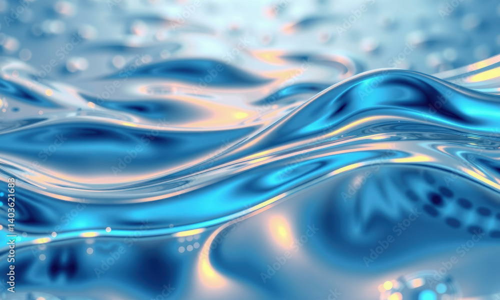 Poster close up view of shimmering blue water waves, showcasing fluid dynamics and reflections that create 