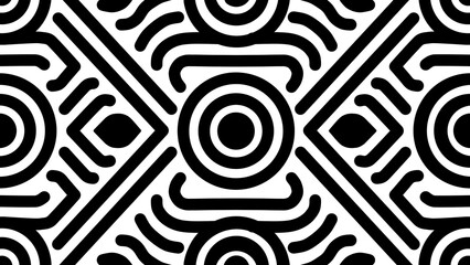 Abstract pattern, black and white, geometric shapes, squiggles, curves, lines, repeating motif, graphic design, minimalist, modern art, Memphis style, playful typography, dynamic composition