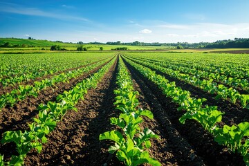 Aerial view of modern farmland with green crops and clean layout, natural lighting, minimal style, no people, high-resolution landscape. AI generated image.