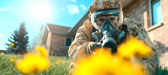 Person in Hazmat Suit Crouching in Field with Dandelions Wearing a Gas Mask Aiming a Rifle on a Sunny Day
