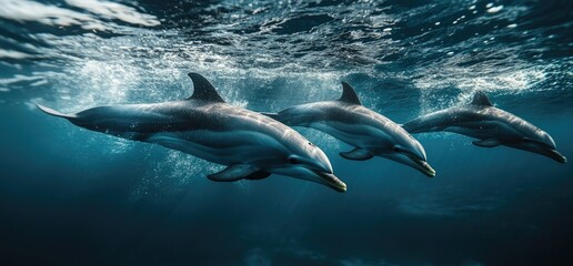 Obraz premium Three dolphins swimming underwater, ocean background, wildlife photography