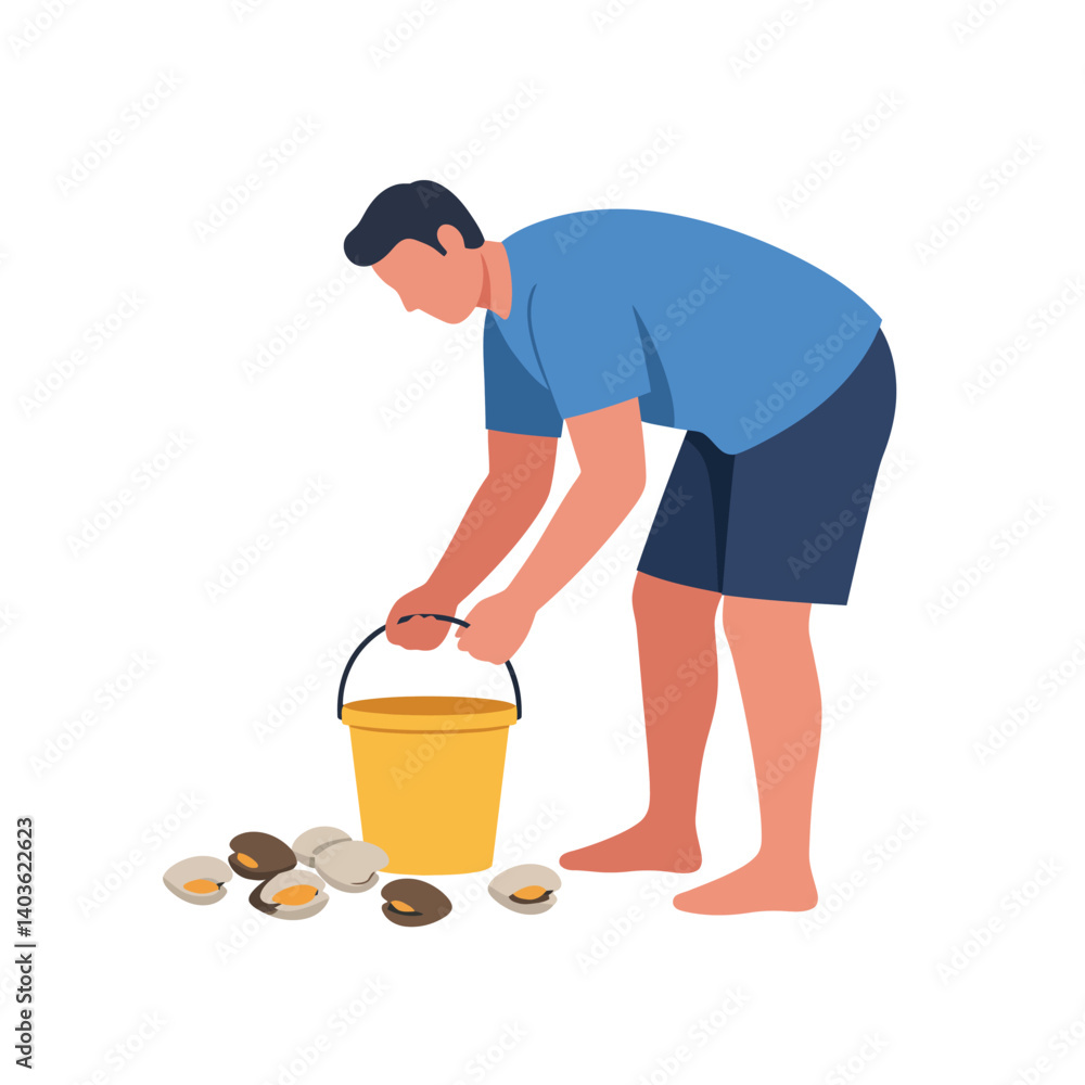 Poster man collecting shellfish at the beach in flat vector art style
