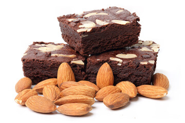 Chocolate almond Cake Stacked with Whole almonds. isolated on white background.