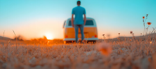 Person Standing by Yellow Van in a Field at Sunset Under Blue Sky with Golden Lighting and Ground Level View