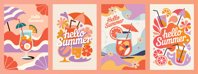 Minimalist Geometric Summer Vector with bold paper cutout shapes like waves, sun, cocktails, beach umbrellas, and ice cream.  Modern Botanical Vector Design for celebration, ads, branding,