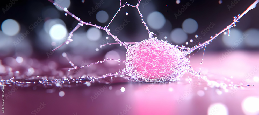 Poster pink cell structure surrounded by network on blurred background a molecular view