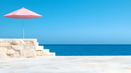 Fototapeta premium Pink Beach Umbrella Over White Stone Steps with Blue Sea on Background on Sunny Day