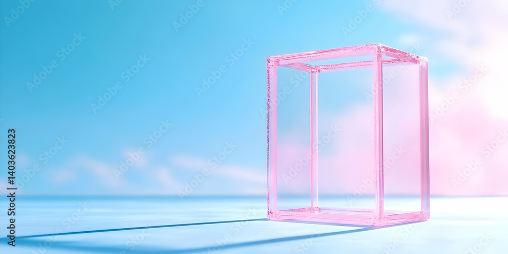 Poster pink geometric cube frame against soft blue backdrop with subtle lighting and shadow